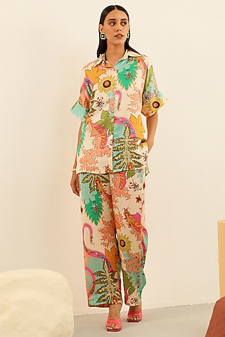 Multi-Colored Mulberry Silk Printed Pant Set by Label Deepika Nagpal