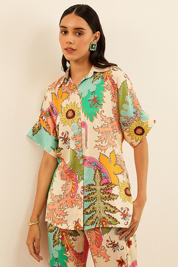 Multi-Colored Mulberry Silk Printed Pant Set by Label Deepika Nagpal at Pernia's Pop Up Shop