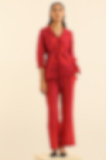 Red & Orange Handloom Linen Printed Pant Set by Label Deepika Nagpal at Pernia's Pop Up Shop