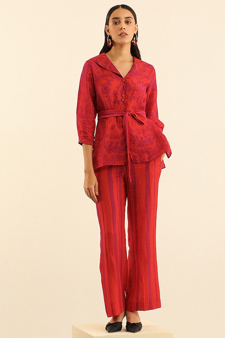 Red & Orange Handloom Linen Printed Pant Set by Label Deepika Nagpal at Pernia's Pop Up Shop