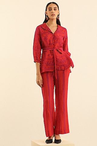 Red & Orange Handloom Linen Printed Pant Set by Label Deepika Nagpal