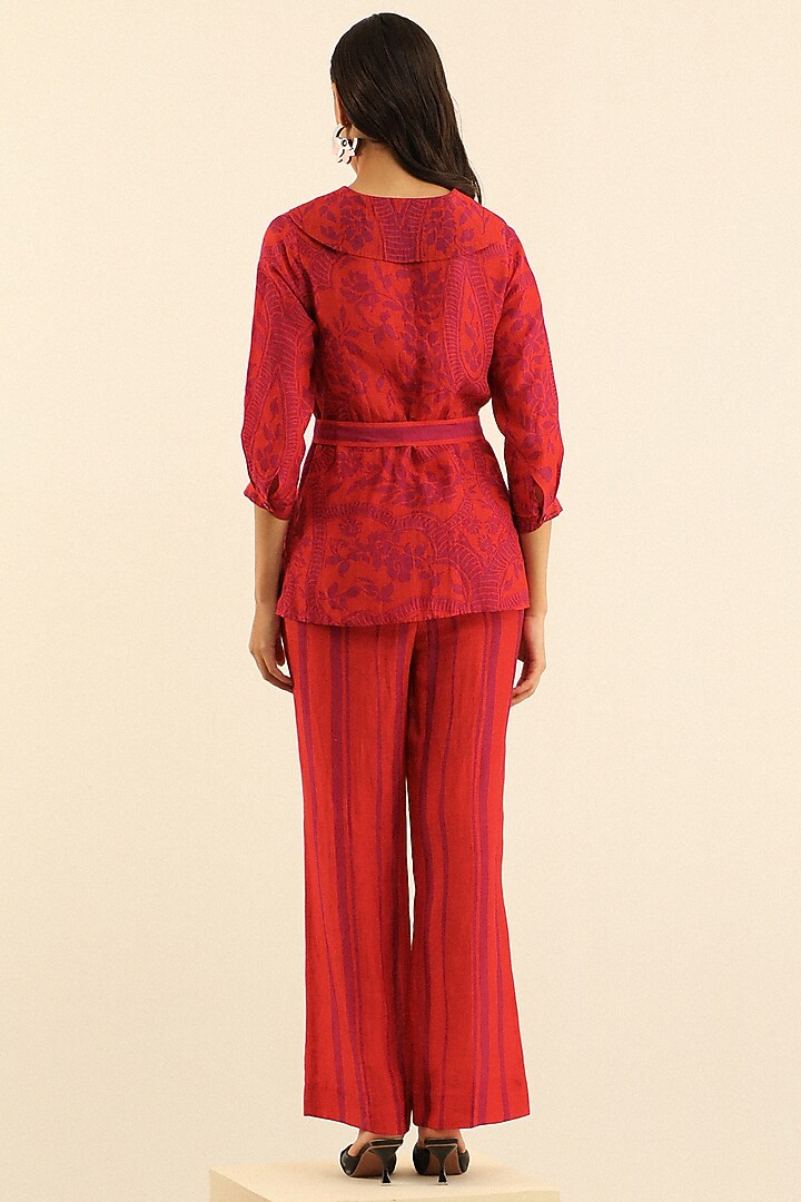 Red & Orange Handloom Linen Printed Pant Set by Label Deepika Nagpal at Pernia's Pop Up Shop