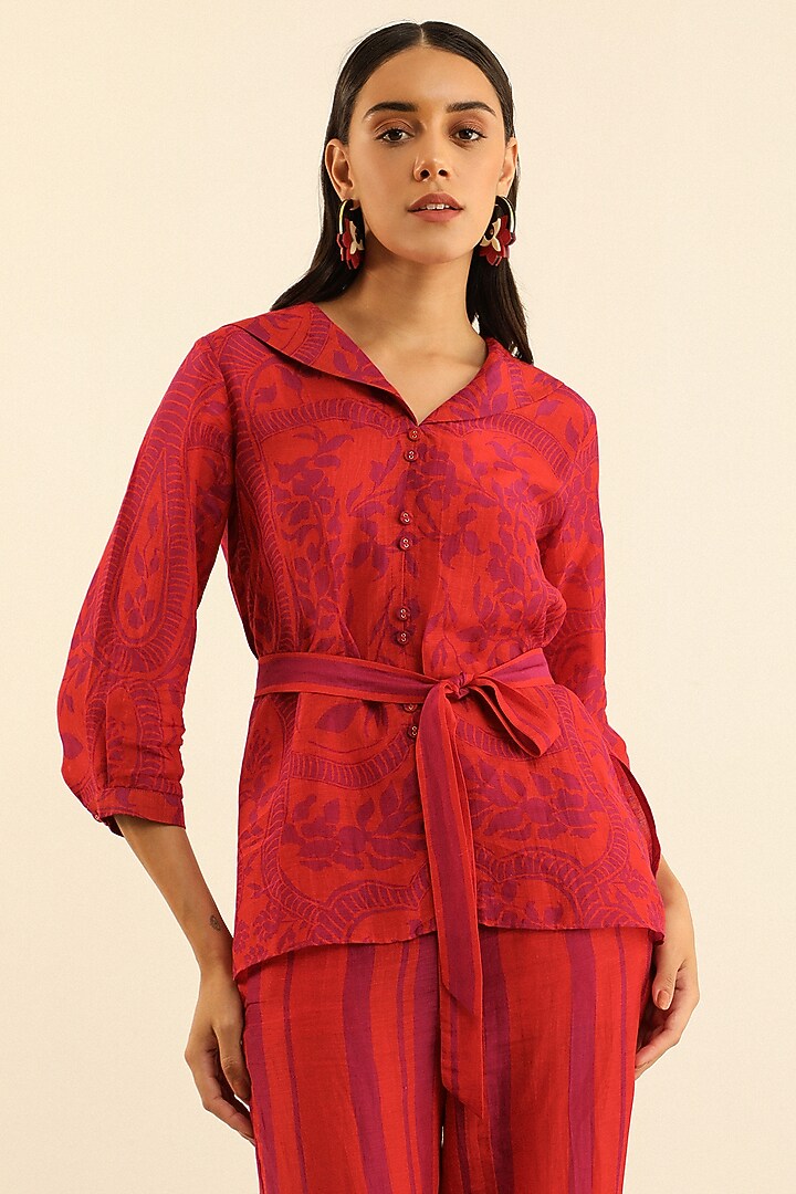 Red & Orange Handloom Linen Printed Pant Set by Label Deepika Nagpal at Pernia's Pop Up Shop