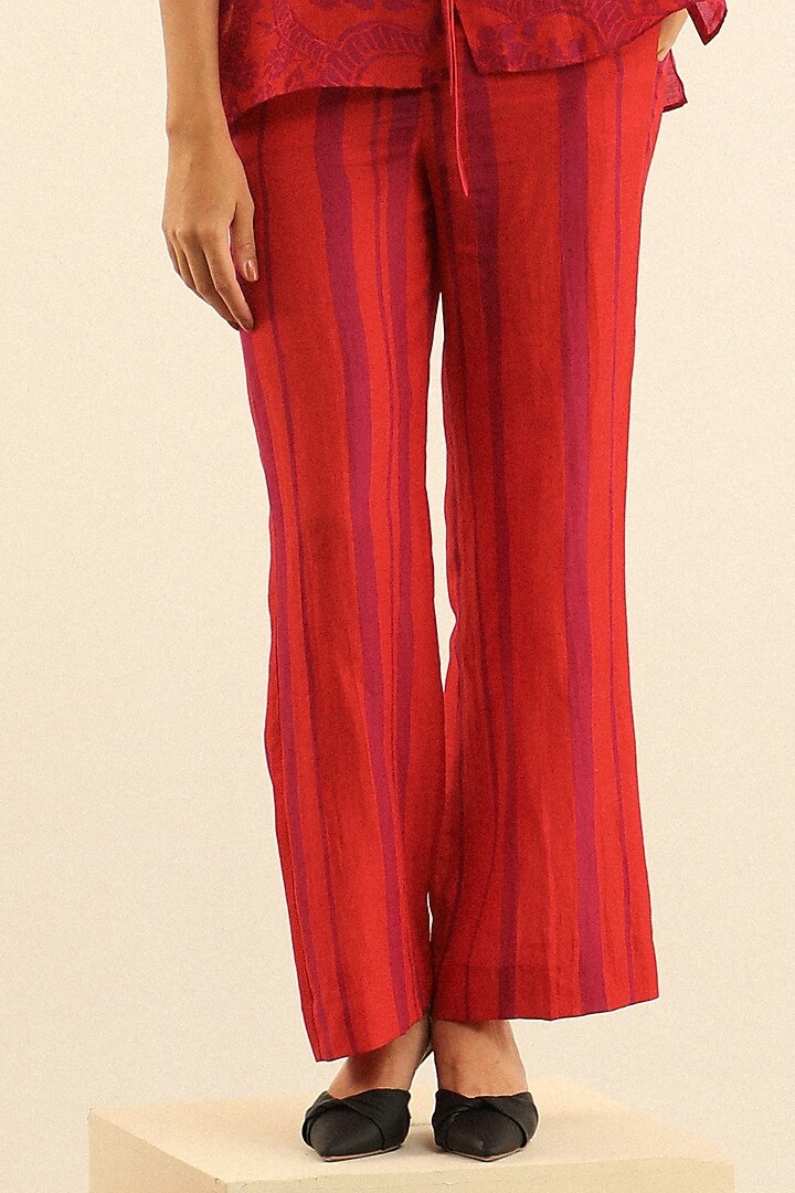 Red & Orange Handloom Linen Printed Pant Set by Label Deepika Nagpal at Pernia's Pop Up Shop