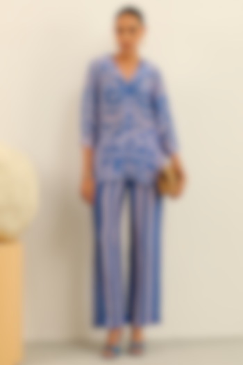 Blue Handloom Linen Printed Pant Set by Label Deepika Nagpal at Pernia's Pop Up Shop