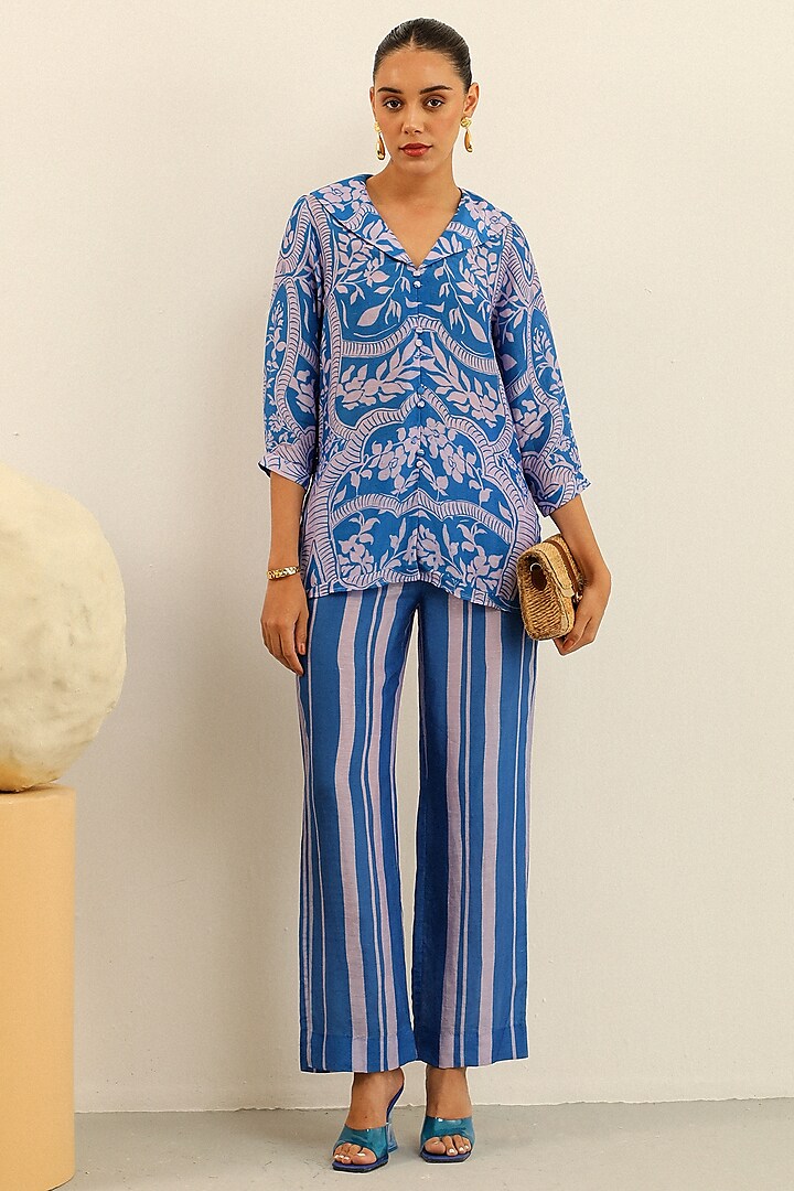 Blue Handloom Linen Printed Pant Set by Label Deepika Nagpal