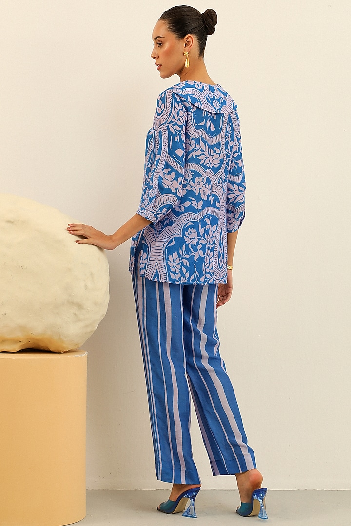 Blue Handloom Linen Printed Pant Set by Label Deepika Nagpal at Pernia's Pop Up Shop