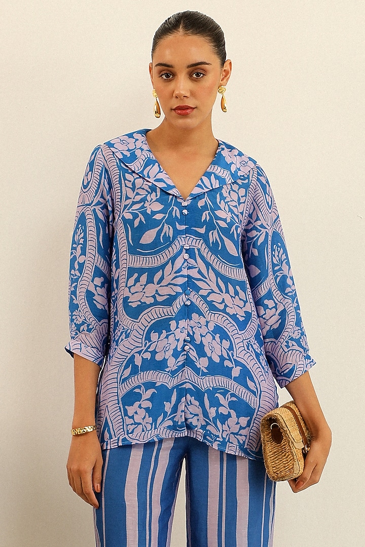 Blue Handloom Linen Printed Pant Set by Label Deepika Nagpal at Pernia's Pop Up Shop