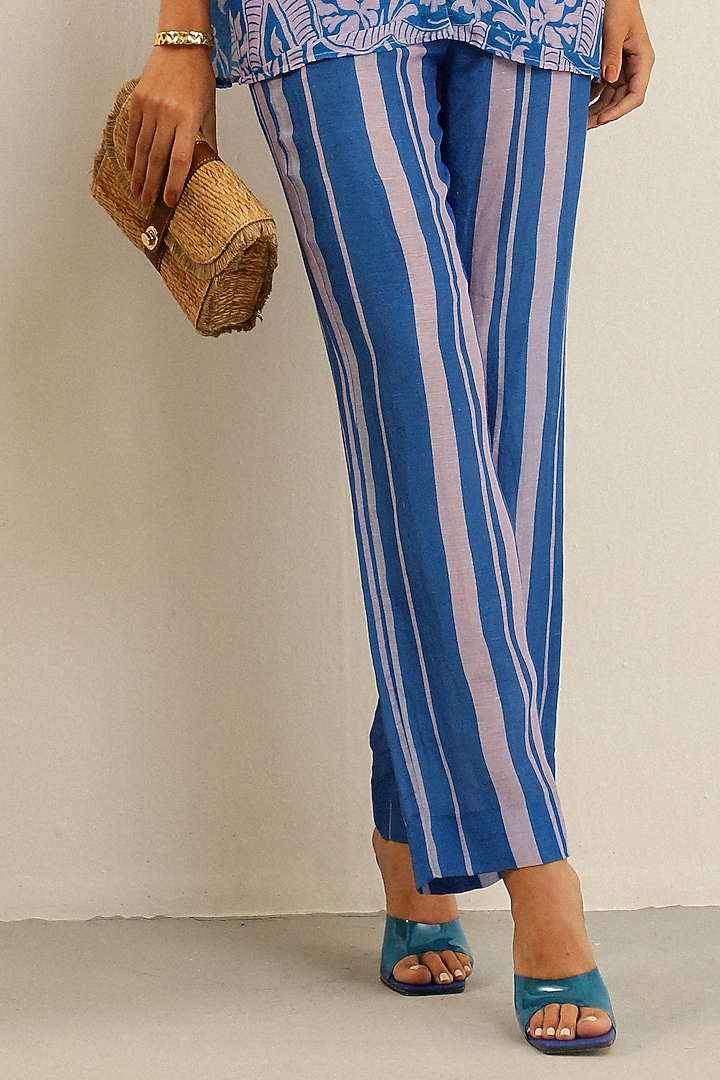 Blue Handloom Linen Printed Pant Set by Label Deepika Nagpal at Pernia's Pop Up Shop