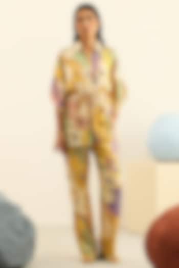 Yellow Mulberry Silk Printed Pant Set by Label Deepika Nagpal at Pernia's Pop Up Shop