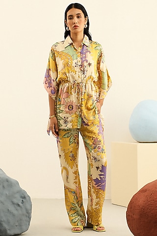 Yellow Mulberry Silk Printed Pant Set by Label Deepika Nagpal