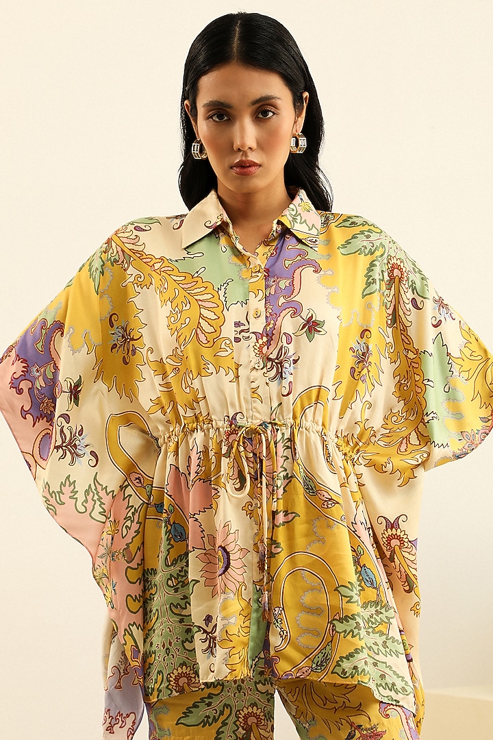 Yellow Mulberry Silk Printed Pant Set by Label Deepika Nagpal at Pernia's Pop Up Shop