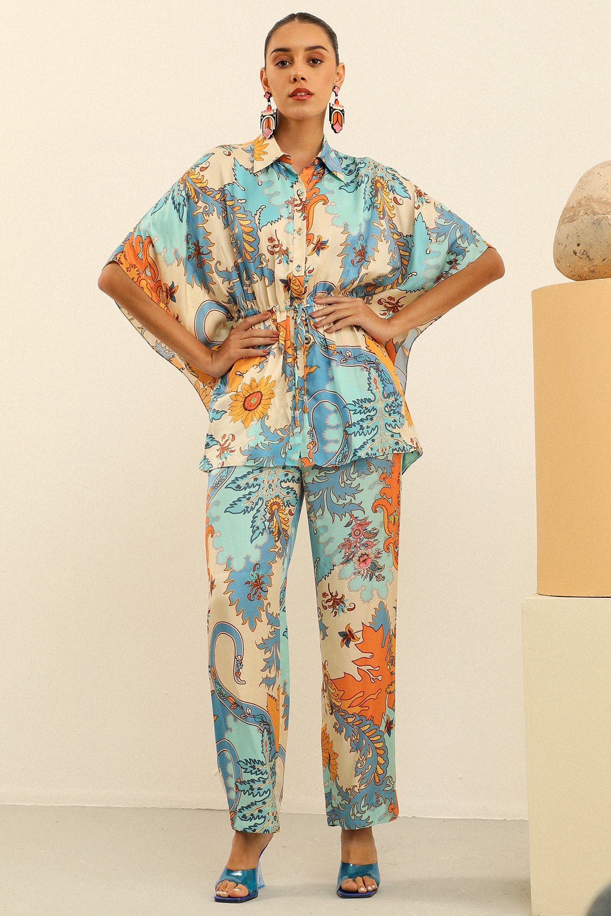 Multi-Colored Mulberry Silk Printed Pant Set by Label Deepika Nagpal at Pernia's Pop Up Shop