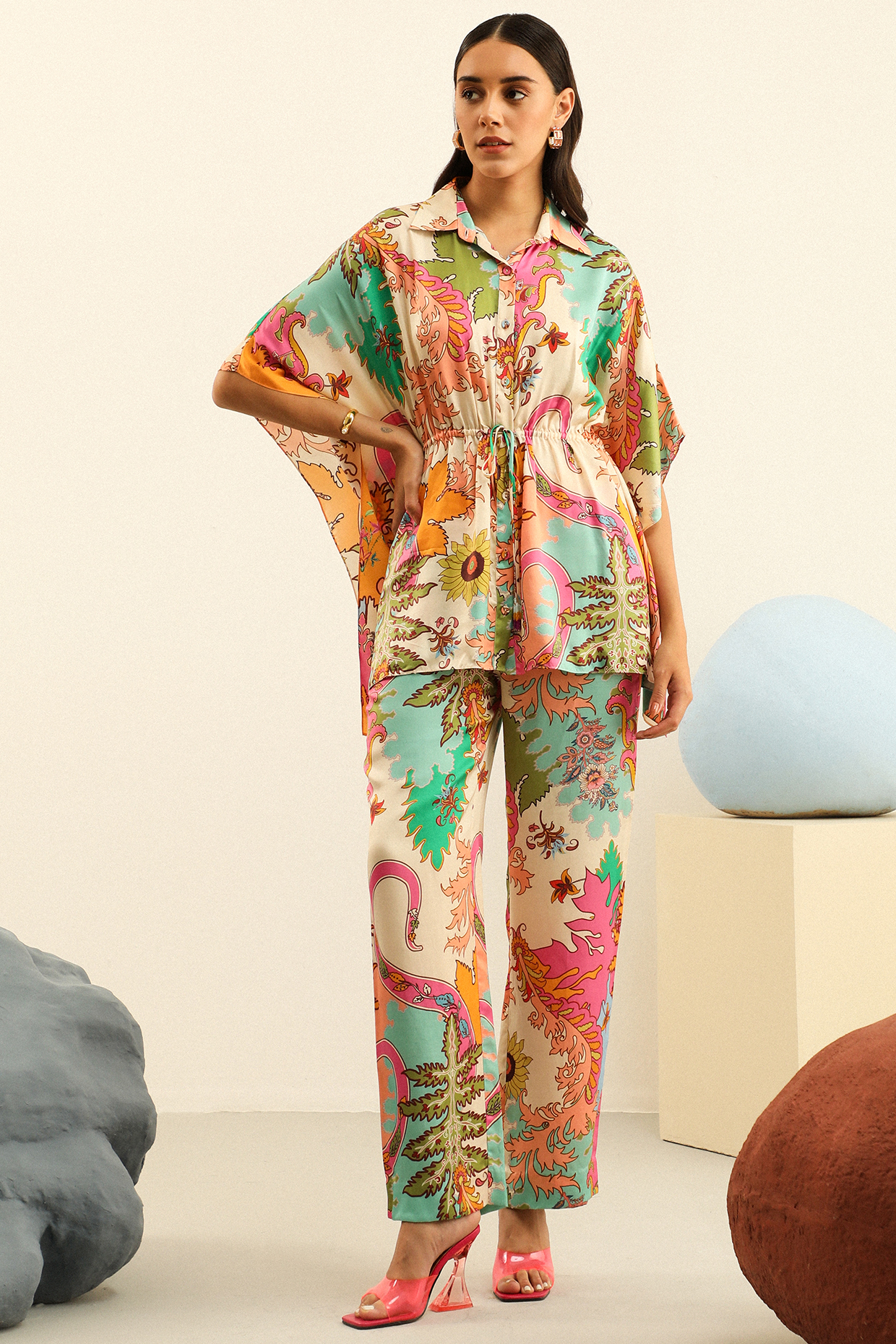 Multi-Colored Mulberry Silk Printed Pant Set by Label Deepika Nagpal at Pernia's Pop Up Shop