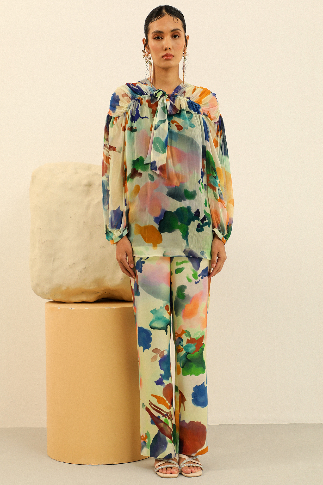 Multi-Colored Mulberry Silk Printed Pant Set by Label Deepika Nagpal at Pernia's Pop Up Shop
