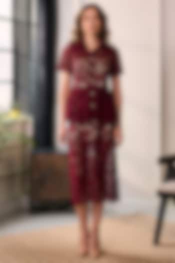 Red Premium Lace Mesh Co-Ord Set by Label Deepika Nagpal at Pernia's Pop Up Shop