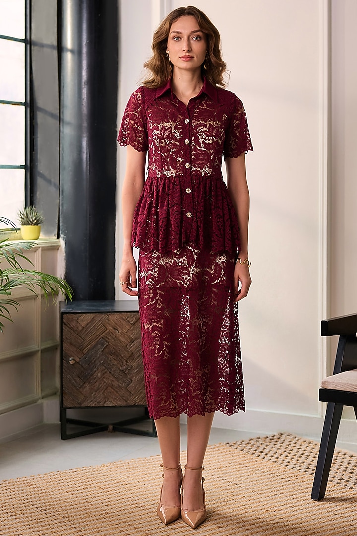 Red Premium Lace Mesh Co-Ord Set by Label Deepika Nagpal at Pernia's Pop Up Shop