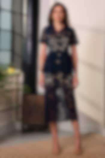 Navy Blue Premium Lace Mesh Co-Ord Set by Label Deepika Nagpal at Pernia's Pop Up Shop