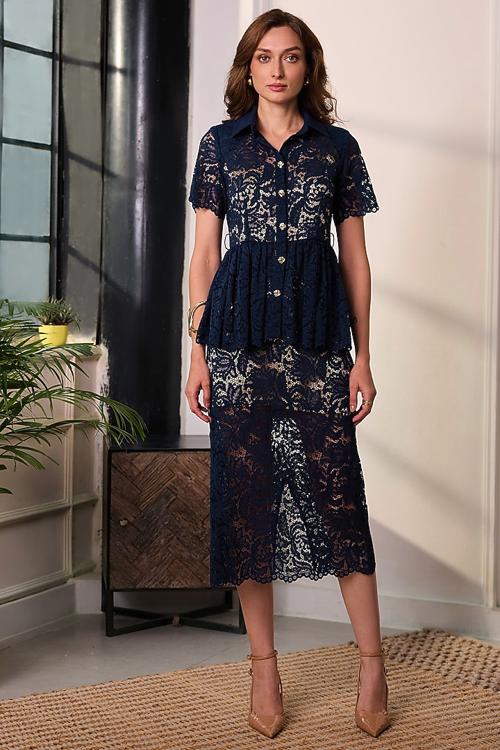 Navy Blue Premium Lace Mesh Co-Ord Set by Label Deepika Nagpal at Pernia's Pop Up Shop