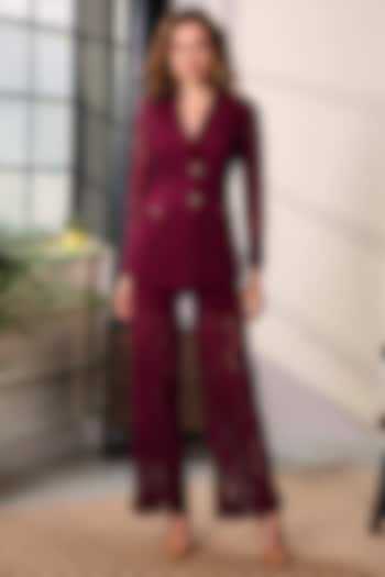 Red Premium Lace Mesh Co-Ord Set by Label Deepika Nagpal at Pernia's Pop Up Shop