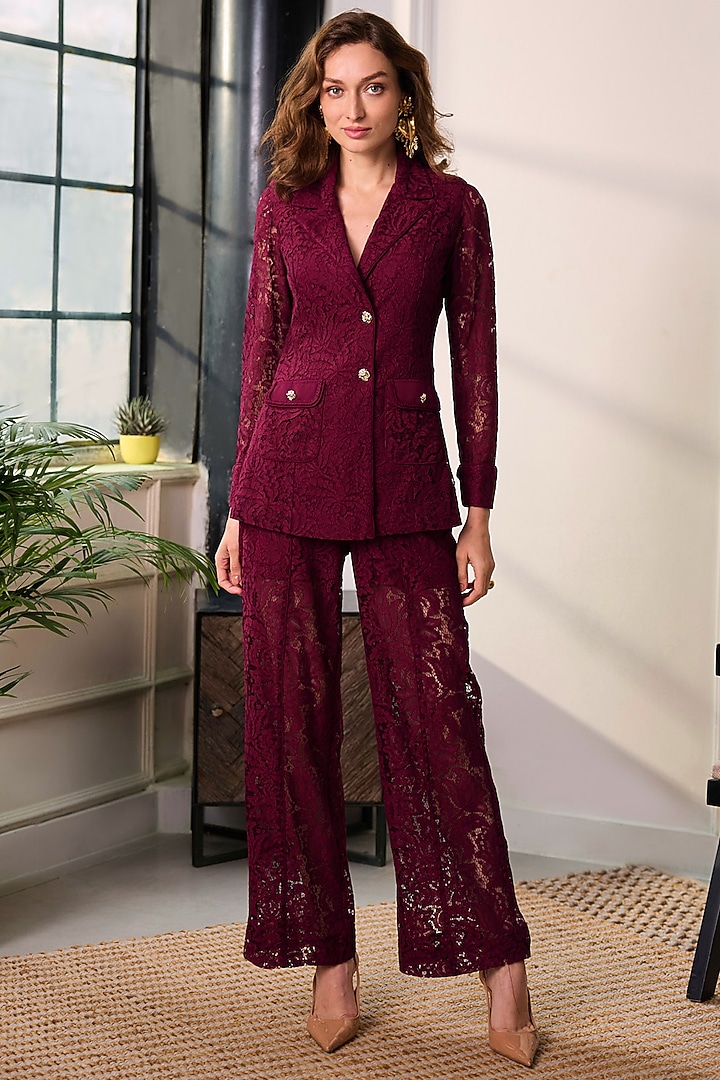 Red Premium Lace Mesh Co-Ord Set by Label Deepika Nagpal at Pernia's Pop Up Shop