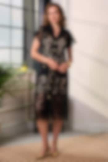 Black Premium Mesh Embroidered Midi Summer Dress by Label Deepika Nagpal at Pernia's Pop Up Shop