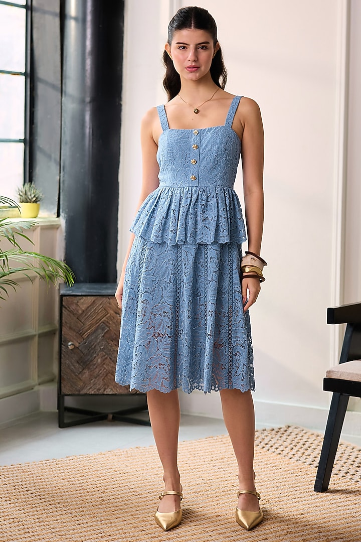 Blue Premium Lace Mesh Midi Summer Dress by Label Deepika Nagpal at Pernia's Pop Up Shop