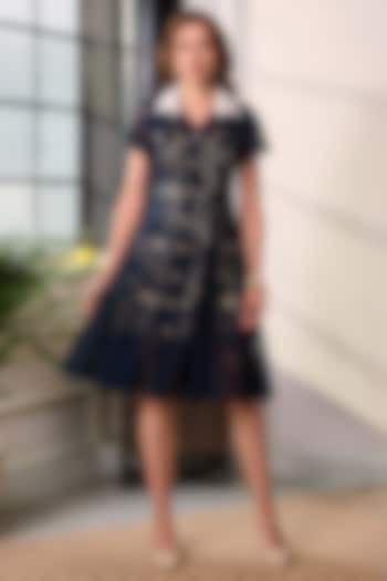 Navy Blue Premium Lace Mesh Midi Summer Dress by Label Deepika Nagpal at Pernia's Pop Up Shop