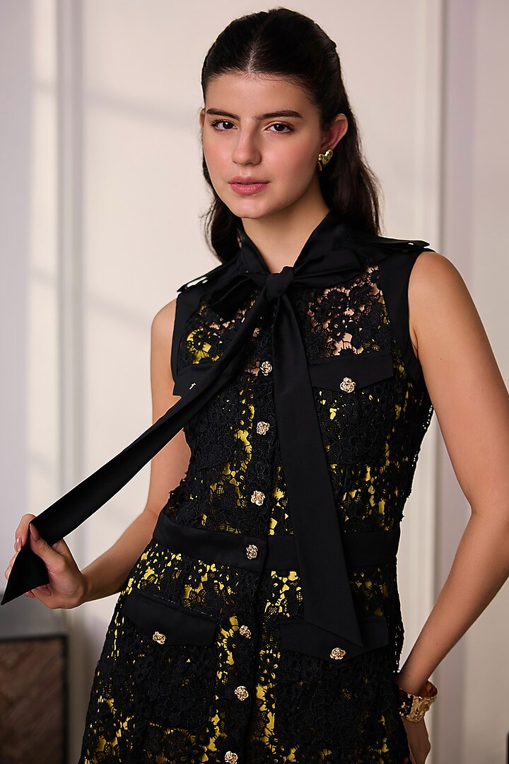 Black Premium Mesh Embroidered Mini Summer Dress by Label Deepika Nagpal at Pernia's Pop Up Shop