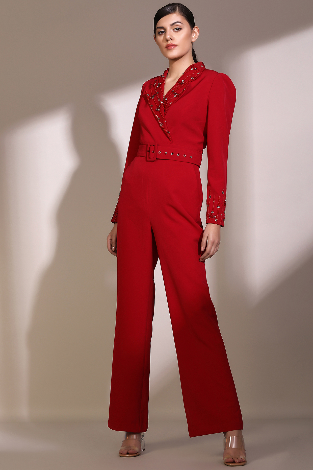 Red Crepe Pant Set by Label Deepika Nagpal at Pernia's Pop Up Shop