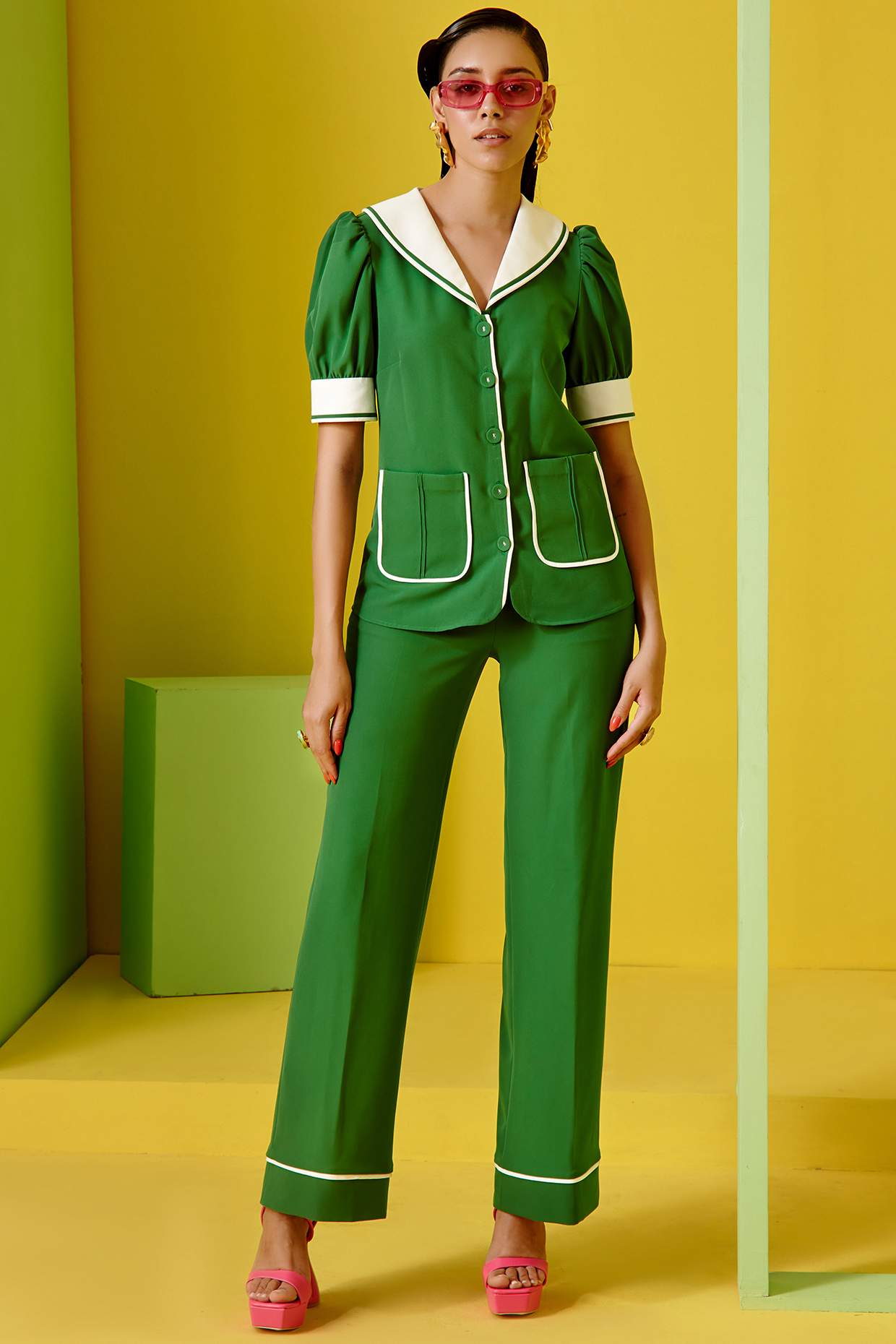Green Heavy Crepe Pant set by Label Deepika Nagpal at Pernia's Pop Up Shop