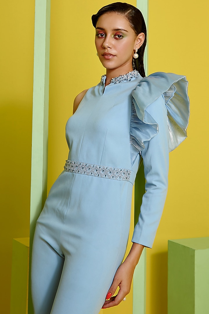 Powder Blue Heavy Crepe Jumpsuit by Label Deepika Nagpal at Pernia's Pop Up Shop