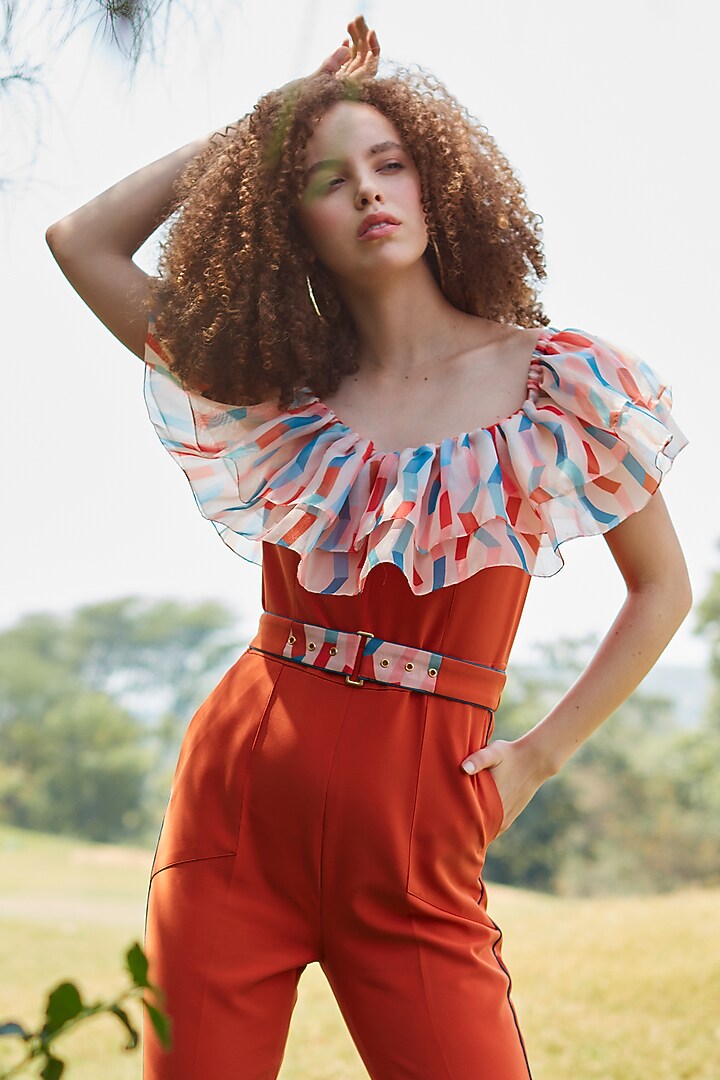 Orange Printed Jumpsuit by Label Deepika Nagpal at Pernia's Pop Up Shop