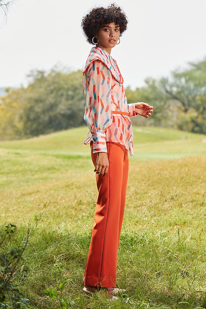 Rust Organza Printed Shirt by Label Deepika Nagpal at Pernia's Pop Up Shop