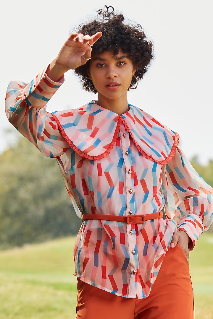 Rust Organza Printed Shirt by Label Deepika Nagpal at Pernia's Pop Up Shop