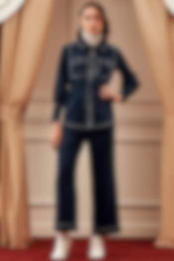 Midnight Blue Heavy Crepe Pant Set by Label Deepika Nagpal at Pernia's Pop Up Shop