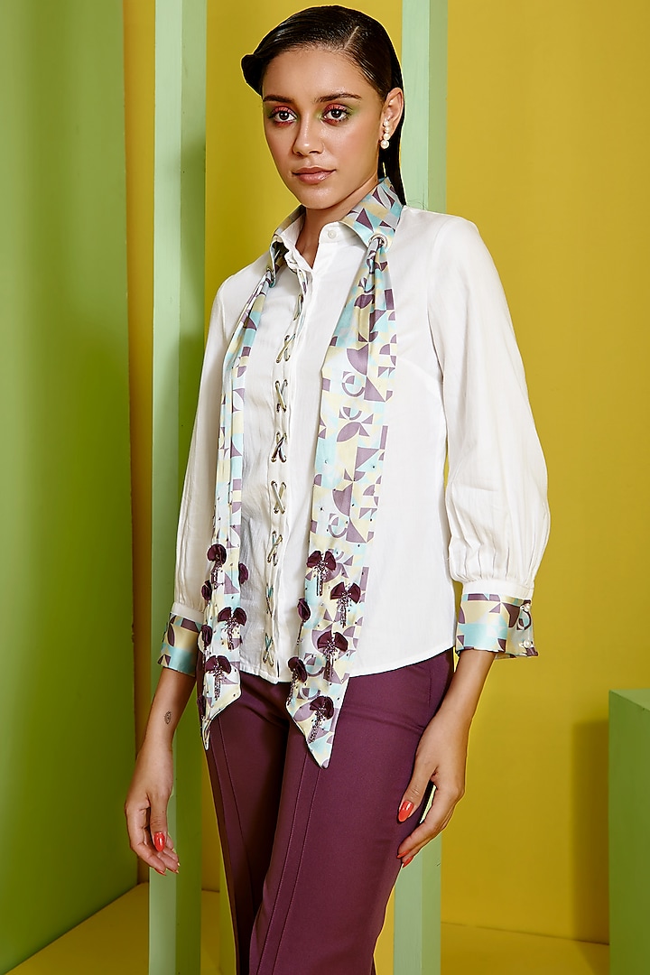 White Cotton Shirt With Scarf by Label Deepika Nagpal