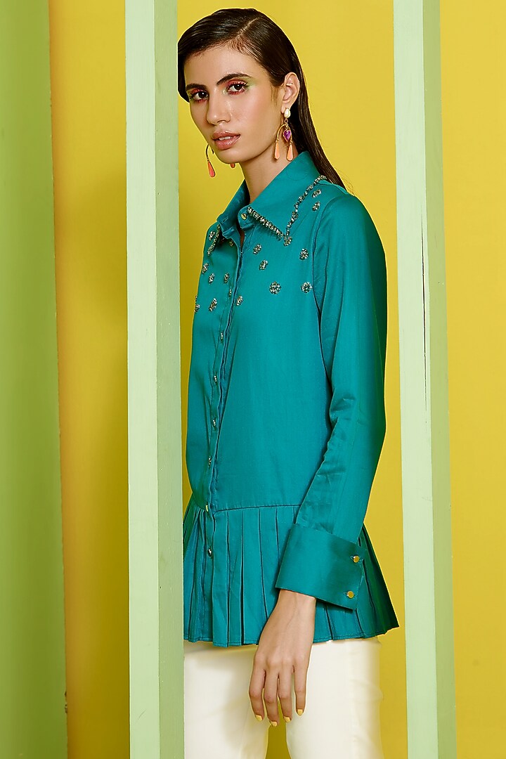 Teal Embellished Shirt by Label Deepika Nagpal at Pernia's Pop Up Shop