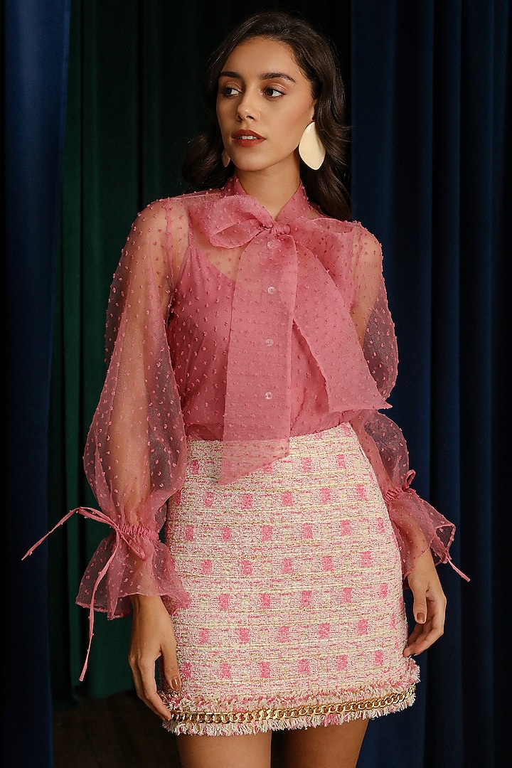 Pink Tweed Mini Sheath Vacation Dress With Shirt by Label Deepika Nagpal at Pernia's Pop Up Shop