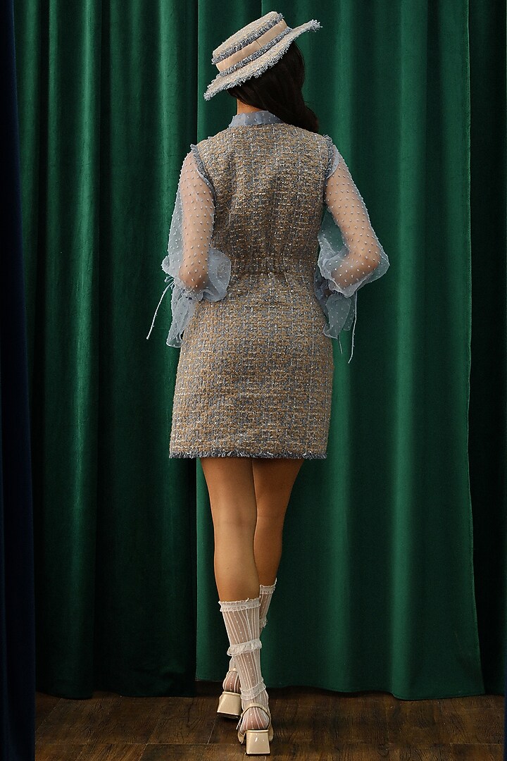 Blue Tweed Mini Sheath Vacation Dress With Shirt by Label Deepika Nagpal at Pernia's Pop Up Shop