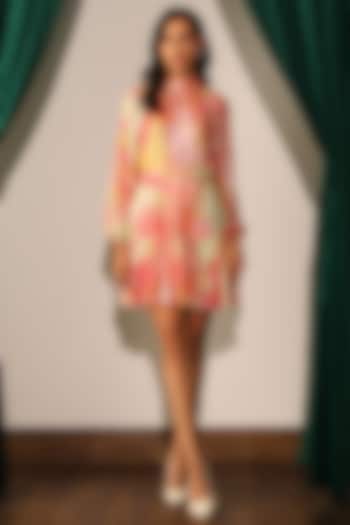 Pink Lurex Striped Georgette Printed Mini Dress by Label Deepika Nagpal