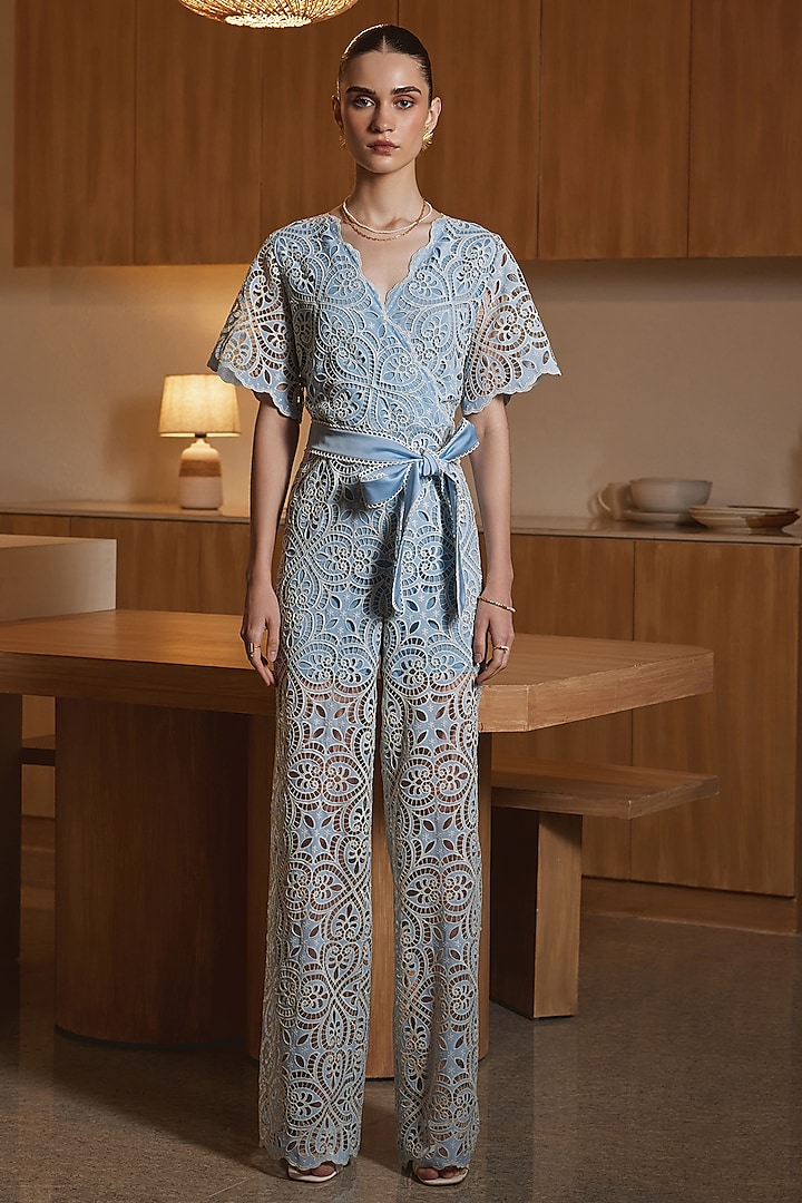 Blue French Mesh Embroidered Jumpsuit by Label Deepika Nagpal at Pernia's Pop Up Shop