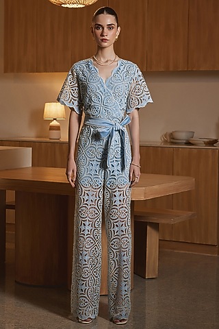 Blue French Mesh Embroidered Jumpsuit by Label Deepika Nagpal