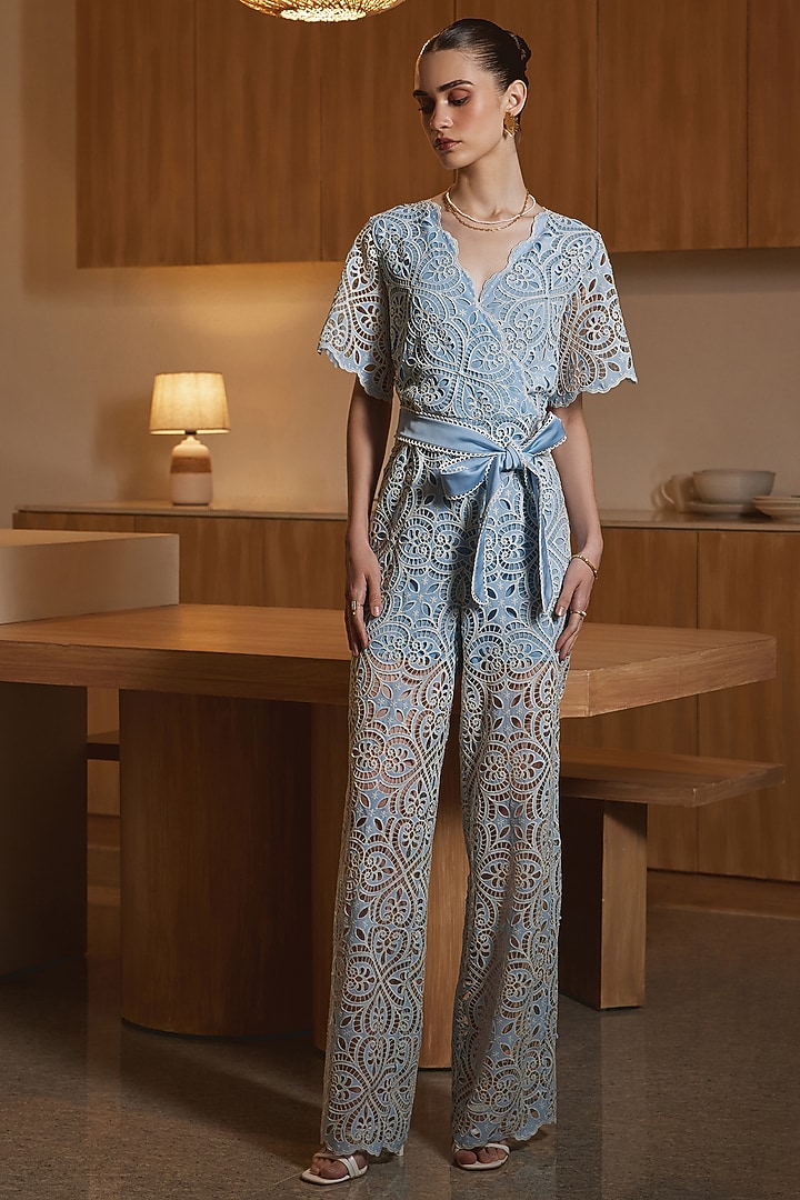 Blue French Mesh Embroidered Jumpsuit by Label Deepika Nagpal at Pernia's Pop Up Shop