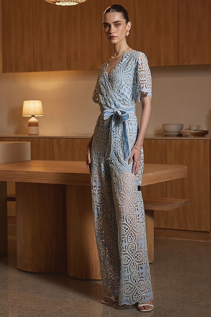 Blue French Mesh Embroidered Jumpsuit by Label Deepika Nagpal at Pernia's Pop Up Shop