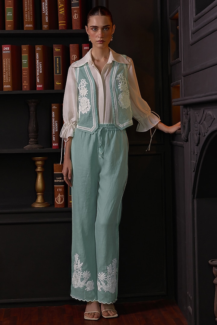 Green Soft Cotton Linen Embroidered Co-Ord Set by Label Deepika Nagpal at Pernia's Pop Up Shop