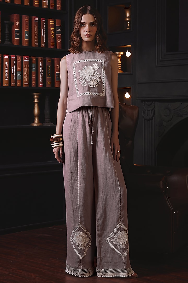 Pink Soft Cotton Linen Embroidered Co-Ord Set by Label Deepika Nagpal at Pernia's Pop Up Shop