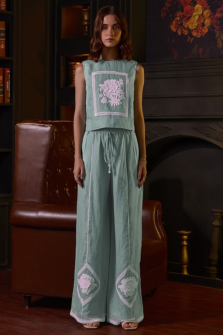 Green Soft Cotton Linen Embroidered Co-Ord Set by Label Deepika Nagpal at Pernia's Pop Up Shop