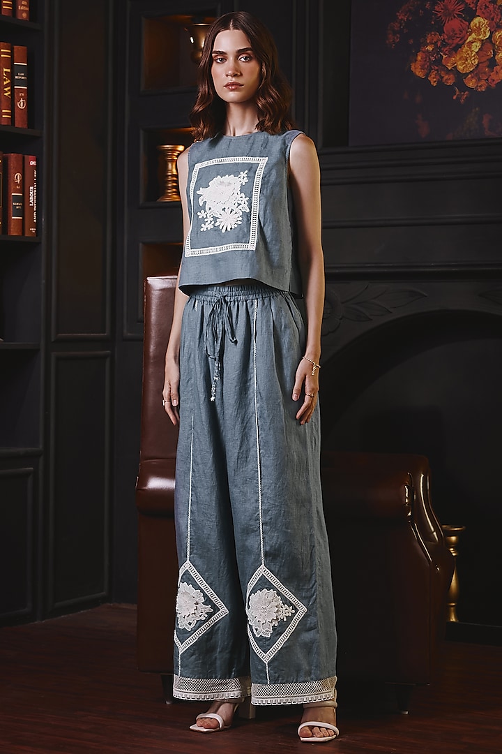 Blue Soft Cotton Linen Embroidered Co-Ord Set by Label Deepika Nagpal at Pernia's Pop Up Shop