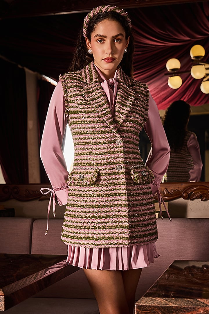 Pink Tweed Blazer With Dress by Label Deepika Nagpal at Pernia's Pop Up Shop